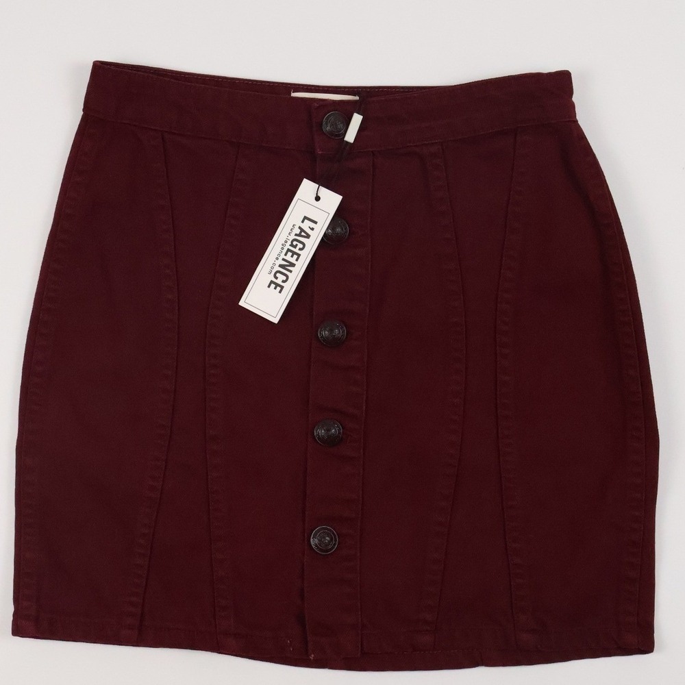 L'AGENCE Phia Seamed Button Mini Skirt Dark Port Red 25 100% Cotton NWT